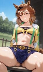 ai_generated animal_ears bob_cut breasts brown_hair female hair_accessory horse_girl jungle_pocket(umamusume) thighs two_tone_hair umamusume umamusume_pretty_derby yellow_eyes