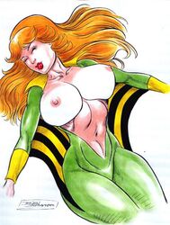 1girls areola areolae breasts closed_eyes color colored female female_only homo_superior large_breasts lipstick long_hair makeup marvel marvel_comics mutant navel nipples no_bra orange_hair pale pink_nipples red_lips red_lipstick redhead rob_durham siryn solo superheroine theresa_cassidy uncensored white_background x-men