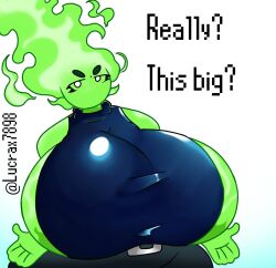 belt big_breasts breasts cleavage clothing elemental_humanoid f'lata_flare_(minusbrush) female fire green_body looking_at_viewer lucrax7898 sideboob talking_to_viewer text