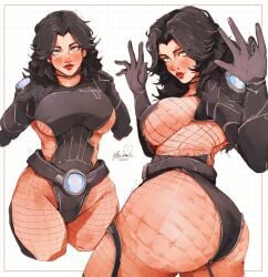 ass big_ass big_breasts black_hair blue_eyes bon_drawr breasts fantastic_four female fishnet_clothing fishnets leotard lipstick marvel marvel_rivals sideboob sleeves smile sue_storm