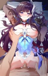 1boy arm_behind_back bed black_gloves black_hair black_shrug blue_eyes blue_hair blush breasts breasts_apart censored chinese_commentary closed_mouth colored_inner_hair commentary_request earclip female from_above gloves grabbing_another's_breast gradient_hair groping hair_ornament highres honkai:_star_rail honkai_(series) hysilens_(honkai:_star_rail) long_sleeves looking_at_viewer lying medium_breasts missionary mosaic_censoring multicolored_hair navel nipples nude on_back on_bed paid_reward_available penis pillow pov purple_hair pussy see-through_body sex shrug_(clothing) stomach straight thighs vaginal_penetration wood_cube x-ray