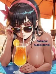 1girls ai_generated alexispencil beach black_hair female nail_polish no_bra painted_nails patreon patreon_username pink_eyes sipping tagme topless tower_of_god yeon_yihwa