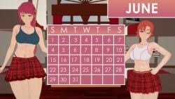 2girls blue_eyes calendar calendar_(medium) calendar_(object) calendar_pinup clothed_female female green_eyes gym_clothes gym_topwear indrick_[artist] june_(month) long_hair long_hair_female nora_valkyrie orange_hair orange_hair_female pinup pyrrha_nikos red_hair red_hair_female rwby skirt