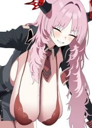 aya-cis bending_forward bending_over big_breasts blue_archive blushing bra breasts closed_eyes demon_girl gehenna_academy_student halo hanging_breasts high_resolution horns long_breasts long_hair pink_hair satsuki_(blue_archive) tits_bigger_than_head video_game_character