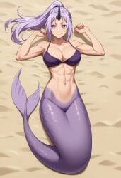 1girls ai_generated beach big_breasts bikini_top female horn mermaid mermaid_tail monster_girl pinup poptoonz purple_hair scales shion_(tensei_shitara_slime_datta_ken) solo tensei_shitara_slime_datta_ken