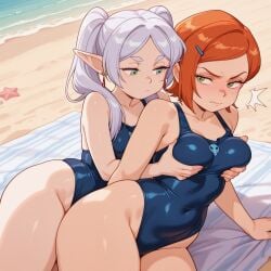 2d 2girls ai_generated beach ben_10 cartoon cartoon_network cartoony cute frieren frieren_beyond_journey's_end groping gwen gwen_tennyson needmymommy sexy vacation western_art