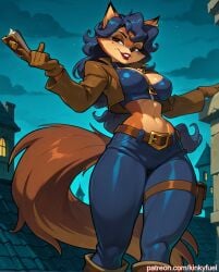 1girls ai_generated anthro belt blue_pants carmelita_fox cleavage clothed confident_pose female fox_girl furry gloves jacket kinkyfuel large_breasts lipstick long_tail midriff nighttime red_lipstick rooftop seductive sly_cooper_(series) smirk solo thick_thighs tight_clothes