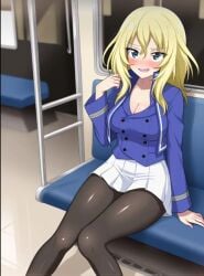 ai_generated big_breasts breasts female girls_und_panzer looking_at_viewer oshida_(girls_und_panzer) skirt stockings thighhighs train train_car