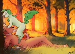 anthro antlers axxelroze bodily_fluids brown_body brown_fur closed_eyes cum deer drooling duo eeveelution erection feral fur generation_4_pokemon genital_fluids genitals green_body green_fur hair hi_res horn humping kaicholeaf knot knotted_penis leaf leaf_tail leafeon leaking_precum looking_pleasured lying male male/male mammal mett_(character) nintendo on_back oral oral_penetration penetration penis pokemon pokemon_(species) precum red_hair saliva spade_tattoo stripes tail thrusting white_body white_fur white_striped_fur white_stripes