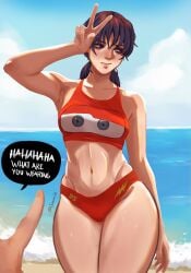 1girls beach big_ass bikini black_eyes black_hair blush blushing bottom_heavy cars_(film) chainsaw_man crossover disney embarrassed english_text female funny hot laughing light-skinned_female light_skin lightning_mcqueen llamanade looking_away meme mitaka_asa ocean peace_sign pixar pointing ponytail small_breasts solo solo_female summer sweat sweating sweaty text thick_thighs wide_hips yoru_(chainsaw_man)