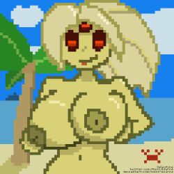 3_eyes alien alien_girl amphibian artist_request background beach big_breasts breasts crab female hylotl large_breasts naked naked_female pinup pixel_art poster red_eyes starbound tagme yellow_body