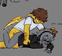 2boys anal chance_(forsaken) crying forsaken_(roblox) gay gray_background gray_body gun gunplay last_incision male male/male male_only roblox robloxian shedletsky shedletsky_(forsaken) yellow_body