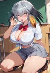 ai_generated arketsuai black_hair black_socks blush brown_loafers brown_shoes classroom cleavage drooling fellatio_gesture female green_eyes grey_hair grey_skirt hair_between_eyes head_wings heart heavy_breathing kemono_friends kneehighs kneeling large_breasts long_hair looking_at_viewer midriff narrow_waist navel pleated_skirt red_bowtie schoolgirl shoebill_(kemono_friends) sidelocks skirt socks thick_thighs tied_shirt tongue tongue_out white_shirt