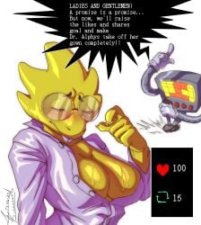 alphys big_breasts breasts button_down_shirt cleavage closed_eyes dialogue dinosaur english_text female flustered glasses kristhianquint4 mettaton monster_girl oku_(artist) robot sweat sweating sweaty sweaty_body sweaty_breasts undertale undertale_(series)