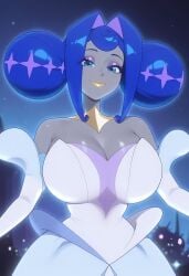 ai_generated big_breasts blue_eyes blue_hair dress gray_body grey_skin gwen_(knights_of_guinevere) huge_breasts knights_of_guinevere princess_guinevere smiling_at_viewer