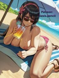 1girls ai_generated alexispencil beach black_hair female nail_polish no_bra painted_nails patreon patreon_username pink_eyes sipping tagme topless tower_of_god yeon_yihwa