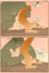 2025 absurd_res alligator alligatorid anthro arthropod ass bed biped breath butt_grab comic crocodilian crustacean dialogue duo furniture green_body hand_on_butt hi_res holding_tail isopod luvamisguilty malacostracan male male/male motion_lines musical_symbol reptile scalie signature simple_background slightly_chubby slightly_chubby_anthro slightly_chubby_male speech_bubble symbol tail tongue