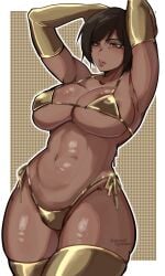 1girls 2025 arms_above_head big_breasts bikini brown_eyes dark-skinned_female dark_skin female golden_bikini golden_week hag hi_res high_resolution highres large_breasts limbus_company mature mature_female nasya__ns outis_(limbus_company) project_moon short_hair solo solo_female solo_focus thighs