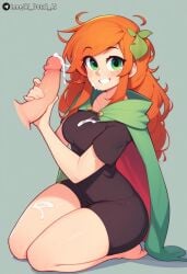 1boy ai_dota_ai ai_generated ai_hands barefoot blush breasts cape cum cum_on_body disembodied_penis dota_2 facial female freckles green_cape green_eyes grin hair_ornament handjob long_hair looking_at_viewer lyralei medium_breasts orange_hair patreon_username penis seiza short_sleeves simple_background sitting smile solo_focus straight thighs uncensored windranger