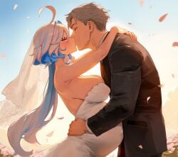 ai_generated arms_around_neck blue_hair closed_eyes covered_nipples female furina_(genshin_impact) genshin_impact henrik_n huge_breasts hugging kissing male pregnant wedding wedding_dress white_hair