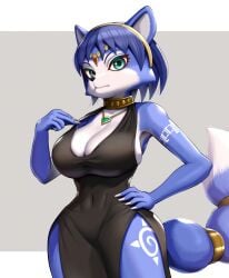 ai_generated black_dress blue_fur blue_hair fox fox_ears fox_girl fox_tail furry furry_female jewelry krystal large_breasts nintendo star_fox