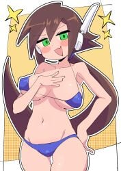 :d aile blue_bikini buzzlyears confident cowboy_shot fangs hand_on_chest hand_on_hip large_breasts mega_man mega_man_zx micro_bikini sparkles