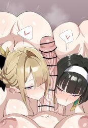 1futa 3girls ass astra_yao bangs big_ass big_breasts black_hair blonde_hair blush breasts erection evelyn_chevalier female female_only futanari hair_ornament hair_over_one_eye heart intersex large_penis licking licking_penis multiple_girls nipples nude penis pov precum purple_eyes red_eyes short_hair sucking_balls sweat trembling veiny_penis xipa zenless_zone_zero