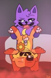 anthro bed bedroom_eyes black_eyes bodily_fluids breathing catnap_(poppy_playtime) cum cum_in_eye cum_on_face cum_on_penis cum_on_self cum_string cumshot dogday_(poppy_playtime) ejaculation fur furniture genital_fluids genitals holding_both_legs jewelry knot knotted_penis looking_pleasured male male/male mob_entertainment narrowed_eyes necklace open_mouth orange_body orange_fur pawpads paws penile penis poppy_playtime pupils purple_body purple_fur red_smoke seductive sex_toy smiling_critters smoke smoke_from_mouth spread_legs spreading tinky tongue tongue_out vibrator vibrator_on_penis white_pupils