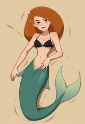 1girls ai_generated beach bikini_top cartoon disney female fish_girl kim_possible kimberly_ann_possible medium_breasts mermaid mermaid_tail midriff monster_girl pinup poptoonz scales solo