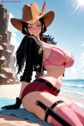 1girl ai_generated beach belt black_hair blue_eyes bra breasts cowboy_hat day gloves gun handgun hat hi_res high_quality high_resolution kiraamane large_breasts long_hair looking_at_viewer navel nico_robin nipples one_piece patreon seductive sexy sitting skindentation skirt smile solo sunlight thigh_strap thighhighs uncensored underwear watermark weapon
