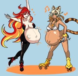 2females 2girls duo duo_female duo_focus exposed_pregnant_belly female female_focus female_only fetal_movement fetishmation genshin_impact hoyoverse mavuika_(genshin_impact) mihoyo mihoyo_technology_(shanghai)_co._ltd. natlan_girls pregnant pregnant_belly pregnant_female standing super_belly tan-skinned_female xilonen_(genshin_impact)