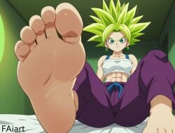 ai_generated blue_eyes dragon_ball dragon_ball_super earrings faiart female foot_fetish foot_focus indoors kefla kefla_(dragon_ball) looking_at_viewer sitting spiked_hair super_saiyan