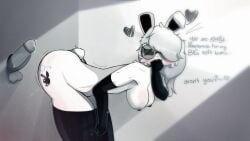 anthro auralyth bending_over big_ass big_breasts big_penis black_eyes black_gloves black_nipples black_sclera black_thighhighs blush breasts bubble_butt bunny_girl dialogue female femgram fur furry_female glasses glasses_on_face glory_hole glory_wall gradient_hair heart inminent_sex nipples penis playboy_bunny precum rabbit side_view suggestive suggestive_dialogue tail tattoo tattoo_on_butt thick thick_thighs white_fur white_hair
