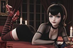 anime_style bat bedroom candlelight dark_romance digital_art elegant fantasy_art gothic high_heels hotel_transylvania justfallenofficial mavis_dracula mysterious night provocative seductive sensual stockings vampire