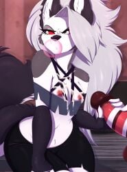 1girls 2019 2025 absurd_res anthro areola breasts bubble_gum canid canid_demon canine canis cum cum_on_body cum_on_breasts cum_on_chest demon digital_media_(artwork) eyebrows eyelashes female hair handjob hellhound helluva_boss hi_res horny horny_female loona_(helluva_boss) mammal midriff navel nipples penis rainbowscreen red_sclera stroking vivienne_medrano white_hair wolf