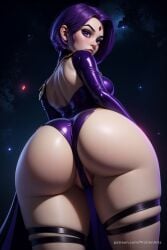 1girls ai_generated ass ass_focus boomerang_(tv_network) breasts cartoon_network colored_skin dc dc_comics forehead_jewel from_behind gem_on_forehead grey_skin hi_res leotard lips looking_at_viewer looking_back partially_visible_vulva patreon_username progenarts purple_eyes purple_hair purple_leotard rachel_roth raven_(dc) short_hair skindentation solo superhero superheroine teen_titans thigh_strap thighs warner_brothers