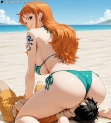 ai_generated beach big_ass big_breasts bikini black_hair breasts facesitting fat_ass female legs long_hair loydardin male monkey_d_luffy nami_(one_piece) on_top one_piece orange_hair pale-skinned_female pale_skin smile thick_thighs