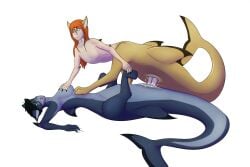 2016 after_transformation animal_genitalia black_hair black_markings blush bodily_fluids breast_fondling breast_play breasts colored countershade_arms countershade_face countershade_neck countershade_tail countershade_torso countershading curled_tail dorsal_fin duo erection felid female fin fish fondling fur genital_fluids genital_slit genitals grabbing_sheets green_eyes hair hand_on_breast human hybrid legs_in_air lion looking_pleasured lying male male/female mammal marine markings membrane_(anatomy) non-mammal_breasts nude on_back open_mouth pantherine penetration penile penile_penetration penis penis_in_pussy pussy red_hair sex shark shark_tail simple_background smile split_form swimming tail tan_body taur taur_on_taur tomek1000 unknown_position vaginal_penetration webbed_hands white_background yellow_eyes