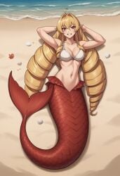 1girls ai_generated anime beach bikini_top elinalise_dragonroad female fish_girl medium_breasts mermaid mermaid_tail midriff monster_girl mushoku_tensei pinup pointy_ears poptoonz scales solo