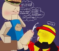 007n7 007n7_(forsaken) after_oral balls black_shirt blowjob blush burger cheese cheeseburger clothed clothing covering_mouth cum cum_in_mouth cumshot dialogue dih dominant dominant_male elliot_(forsaken) elliot_(work_at_a_pizza_place) foreskin forsaken forsaken_(roblox) gay gay_sex hat head_ache heart hearts_around_head hoodie huge_cock large_penis leaning leaning_back male male_only moan moaning moaning_in_pleasure motion_lines oral oral_sex pants pants_down penis red_clothing robloxian saliva saliva_on_penis saliva_on_tongue saliva_string saliva_trail shaking shirt steam stroking_penis submissive submissive_male sweat sweating table tongue tongue_out trembling vest whimper worried worried_expression yaoi yellow_body