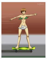 4 barefoot bird breasts brown_eyes brown_hair censored commission completely_nude completely_nude_female convenient_censoring dare exhibitionism female female female_focus female_only floonasif full_body leaf_censor navel novelty_censor nude outstretched_arms parody persona reference satonaka_chie scene_reference short_hair simple_background skateboard skateboarding solo strategically_covered streaking the_simpsons_movie the_simpsons_reference