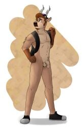 2025 anthro antlers backpack balls bare_chest beard circumcised circumcision_scar clothing deer digital_drawing_(artwork) digital_media_(artwork) eyewear eyewear_on_head facial_hair footwear full-length_portrait fur gearfox98 genital_scar genitals green_eyes hair hector_(gearfox98) hi_res horn male mammal pecs penis portrait scar shoes solo sunglasses sunglasses_on_head