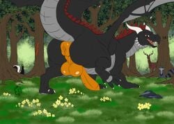 antlers anus ass baghikat balls big_balls big_butt big_penis deer detailed_background digital_media_(artwork) dragon erection feral forest forest_background genitals hi_res horn huge_balls huge_butt looking_at_viewer looking_back male mammal mephitid mythological_creature mythological_scalie mythology nature nature_background outside penis plant presenting procyonid puffy_anus raccoon raised_tail rodent scalie sciurid skunk tail thick_thighs tree tree_squirrel