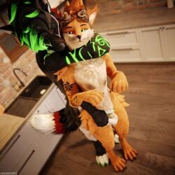 1:1 3d_(artwork) 4k absurd_res animal_genitalia animal_penis anthro anthro_on_anthro arm_around_neck balls biped black_body black_fur blender_(artwork) blender_cycles brown_body brown_fur canid canine canine_genitalia canine_penis canis claws clothing depth_of_field digital_media_(artwork) dominant dragonplayer duo fox fur furniture genitals green_body green_fur grey_body grey_fur hair hand_on_sheath helltouchedfox hi_res holding_another inside kitchen knot male male/male mammal multicolored_body nude penis reflection rexouium rolen sheath slim slim_anthro slim_male slim_sub smile standing standing_behind submissive submissive_male tail tan_body tan_fur teasing teeth white_body white_fur