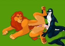 anal_pemetration animal_genitalia animal_penis anthro balls cetacean disney dolphin duo felid feline_genitalia feline_penis feral from_front_position genitals kneeling lion lying m_bruiser male male/male mammal marine oceanic_dolphin on_back orca pantherine penis simba_(the_lion_king) spread_legs spreading the_lion_king toothed_whale