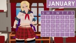 1girls blonde_female blonde_hair calendar calendar_(object) calendar_pinup female glasses glynda_goodwitch green_hair horse_whip indrick_[artist] january pinup pinup_girls pinup_pose rwby school_uniform schoolgirl_uniform solo_female teacher