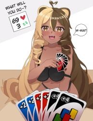 1girls ahoge bear_ears black_bra black_panties blush bra breasts english_text female indie_virtual_youtuber kuma_(valeriakumavt) large_breasts long_hair looking_at_viewer markiiedoodle navel open_mouth original panties strap_slip strip_game two_tone_hair underwear uno_card virtual_youtuber vtuber