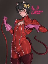 boots cat_ears cat_tail catsuit cosplay crossplay jocat_(character) latex latex_gloves persona_4 takamaki_anne whip zipper