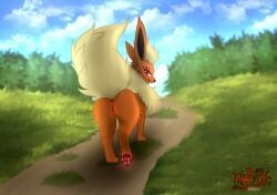 anus ass astralia_(art) cloud eeveelution female feral flareon fur generation_1_pokemon genitals grass hi_res nintendo orange_body orange_fur pawpads paws plant pokemon pokemon_(species) pussy rear_view red_eyes sky solo watermark