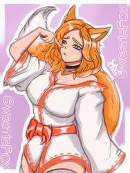 big_breasts blue_eyes breasts choker fanart fox_ears fox_girl fox_tail orange_hair original_art original_artwork porn_star sweetie_fox
